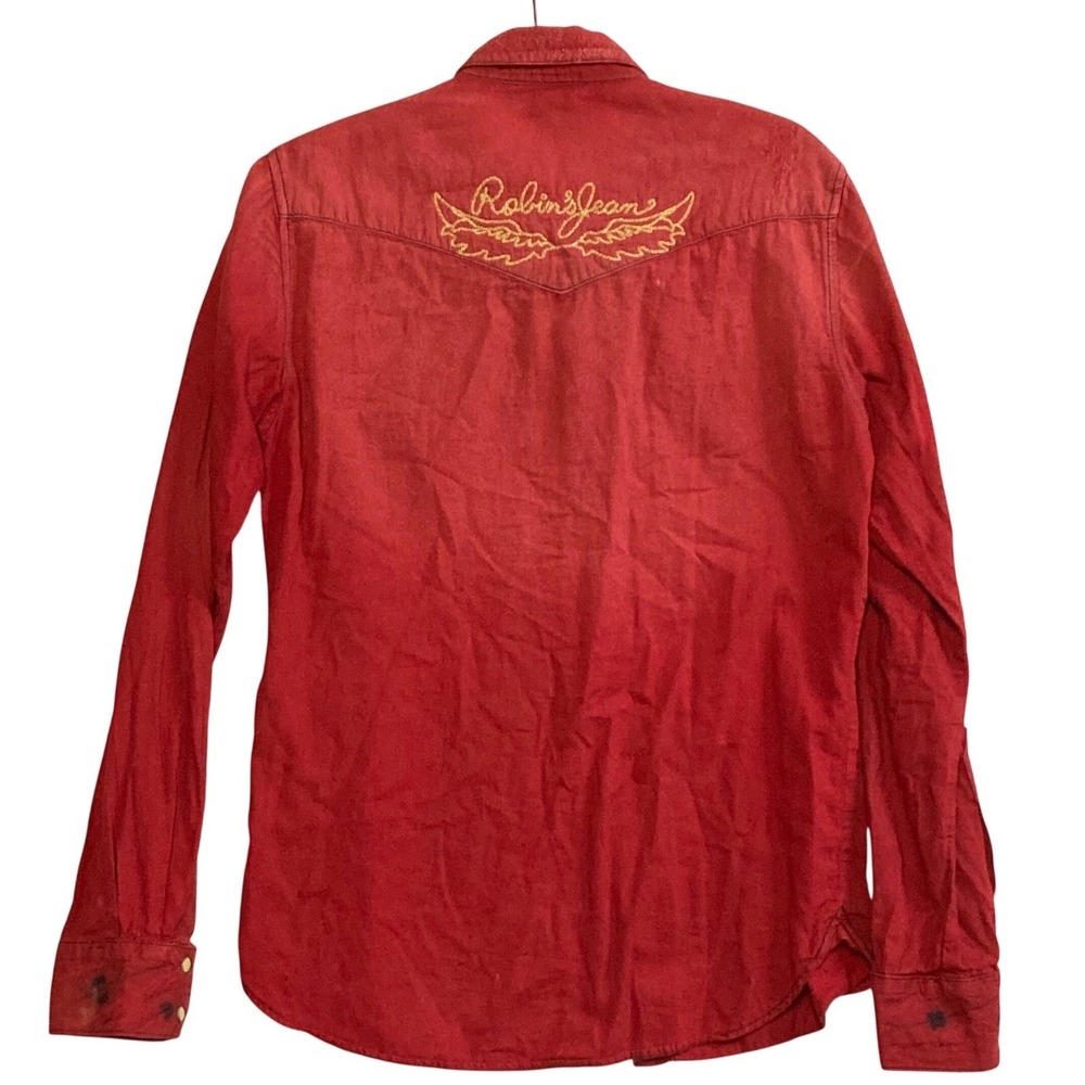 Robins Jean Mens Red Western Pearl Snap Distressed Wing Logo Shirt Small USA - Picture 5 of 8